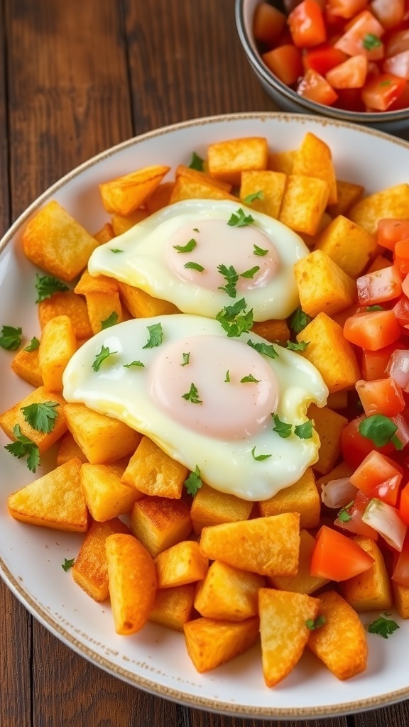 A plate of Chips Mayai with crispy potatoes and scrambled eggs, garnished with herbs and served with salsa.